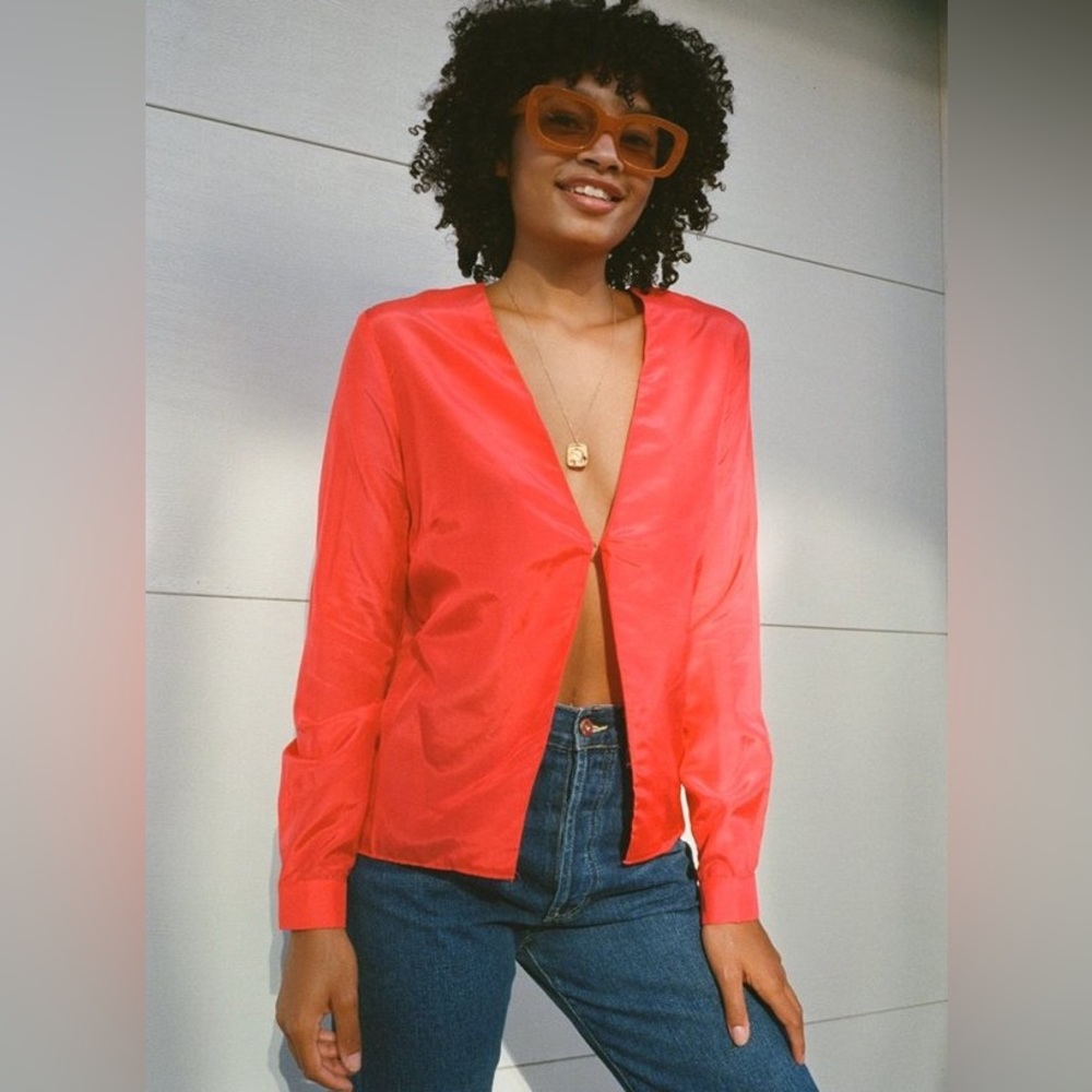 Ciao Lucia Coral Satin V-Neck Button-Front Blouse